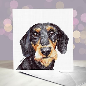 Drahthaar Dackel Grußkarte - Miniatur Wirehaired Doxie / Wursthund / Daxier Hund / Daxie / Teckel / Innen blanko