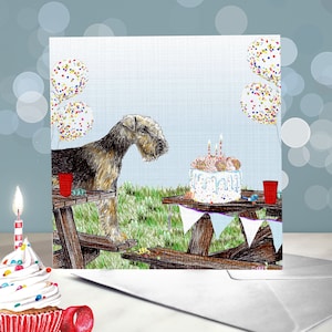 Biglietto di auguri di compleanno per Lakeland Terrier / Interno vuoto / Cinque Lakies che indossano cappelli da festa