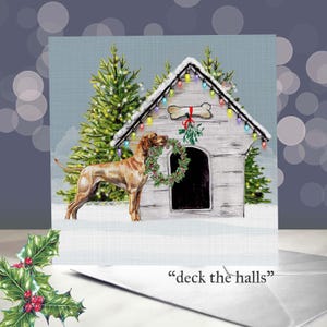Carte de voeux de Noël en Vizsla hongrois / Carte de vœux festive avec cinq Vizslas au gingembre / Vierge à l'intérieur / Carte du chien