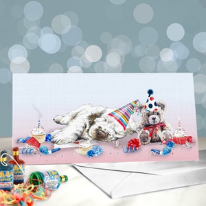 Clumber-spaniël-verjaardagskaarten - feestmutsen op vijf verschillende kleuren clumber-spaniëls / blanco binnenkant / kaart van de hond