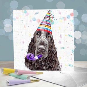 Verjaardagskaarten veldspaniël / Verscheidenheid aan ontwerpen met feestthema / Blanco binnenkant / Kaart van de hond