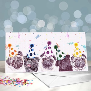 Mops Geburtstagskarten - verschiedene Mops Party Designs / innen leer / Karte vom Hund
