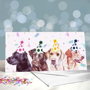 Cartes d'anniversaire de chien Labrador - chapeau de fête Labrador / intérieur vierge / carte du chien / renard rouge chocolat jaune noir