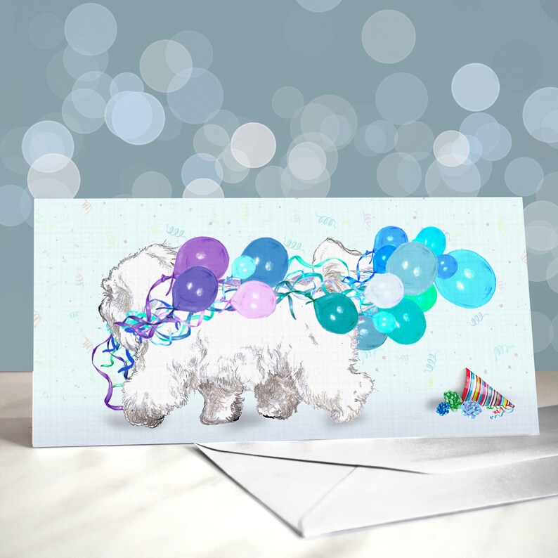 May include: A white dog with a blue, purple, and pink balloon garland around its neck. The dog is walking on a light blue background with confetti and a party hat.