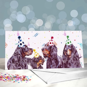 Verjaardagswenskaart Gordon Setter / Verscheidenheid aan ontwerpen met feestthema / Blanco binnenkant / Kaart van de hond / Voor trimmers, dierenartsen en fokkers