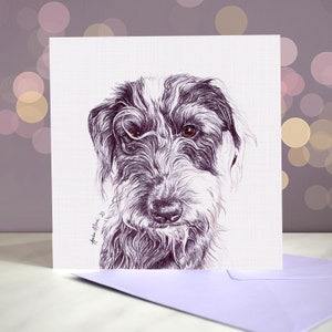 Puede incluir: Un dibujo a pluma y tinta en blanco y negro de la cabeza de un perro. El perro tiene un pelaje largo y peludo y una expresión dulce. El dibujo está firmado "Anna Marie 20".