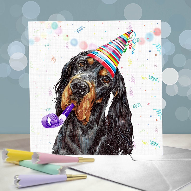 Gordon Setter Birthday Greeting Card / Variety of Party Themed Designs / Blank Inside / Card from the Dog / For Groomers, Vets and Breeders Toot Toot
