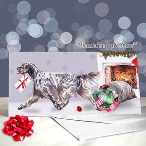 English Setter Greeting Card - Christmas English Setters / Blue, Orange and Tri Belton / Blank Inside / Card from the Dog / Dog Holiday Card