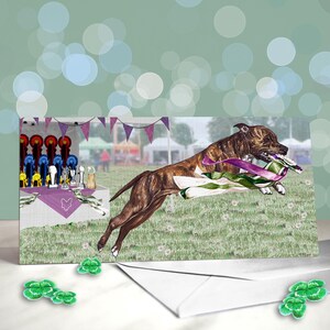 Carte porte-bonheur Staffordshire Bull Terrier - qualifiée pour la décoration de banc Crufts - carte de félicitations pour exposition canine Staffy - remerciement des juges