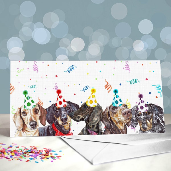 Smooth Miniature Dachshund Greeting Cards -  Party Hats on Five Different Coloured Smooth Sausage Dogs / Blank Inside / Card from the Dog