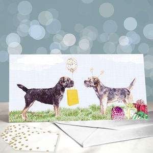 Border Terrier / Terrier Grusskarten - Partyhütchen am Rand / innen leer / Karte vom Hund