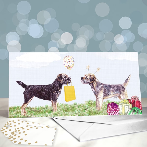 Border Terrier Cartes de voeux - Chapeaux de fête sur différentes frontières / Vierge à l'intérieur / Carte du chien