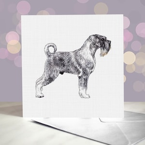 Puede incluir: Una ilustración en blanco y negro de un perro Schnauzer de pie sobre un fondo blanco.