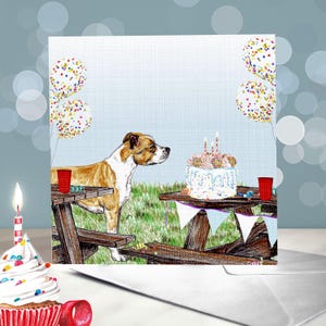 Tarjetas de cumpleaños para perros American Staffordshire Terrier / Tarjeta de felicitación AmStaff / Interior en blanco / Tarjeta de celebración del perro Staffordshire Terrier