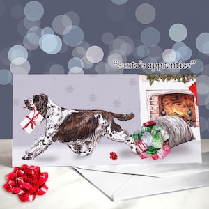 May include: A Christmas card featuring a brown and white dog carrying a wrapped gift in its mouth, with a sack of presents and a fireplace in the background. The text "santa's apprentice" is above the dog.