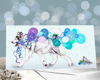 Könnte beinhalten: Ein weißer Hund mit schwarzen Markierungen rennt mit einer Schnur bunter Ballons um den Hals. Die Ballons sind blau, lila und rosa. Im Hintergrund befindet sich eine Partymütze.