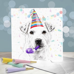 Parson Russel Terrier Geburtstagskarte mit Partyhüten / innen leer / Karte vom Hund
