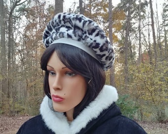 White & Gray Leopard Fuax Fur Animal Print Hat