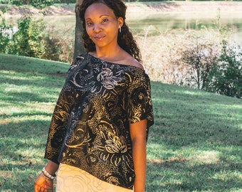 Black Velvet and Gold Sequined Boat Neck Poncho Top