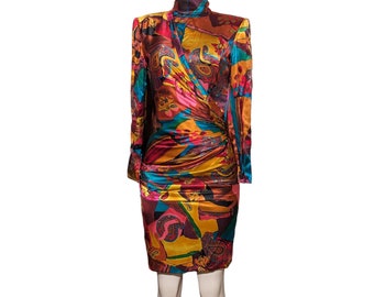 Emanuel Ungaro Multicolor Satin Mock Neck Fitted Vintage Dress 1980s Paisley Floral Print Vintage Designer Satin Dress