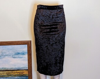 Black Stretch Velvet Midi Skirt