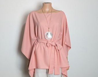 Peach Belted Kaftan Blouse Top with Boat Neckline