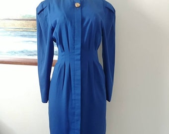 Vintage Royal Blue Pleated Long Sleeve Dress