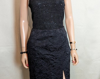 Black Jacquard High Waist Pencil Skirt with Front Split