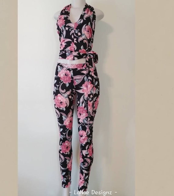 Black Pink Floral Leggings Pants - Etsy 