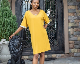 Mustard Yellow V-Neck Polka Dot Short Sleeve Shirt Dress