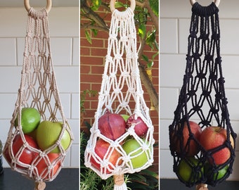 Macrame fruit vegetable produce plant hanger holder storage - natural, black or latte with gold trim