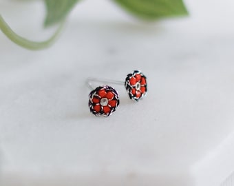 Red Beaded Flower Small Bohemian Stud Earrings / 0.25 Inch / Casual Everyday Studs / Surgical Stainless Steel Posts / Jewelry Gift for Her