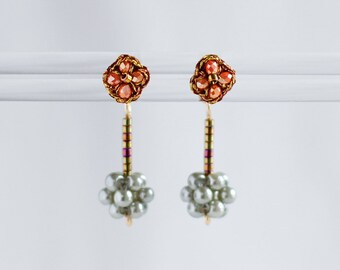 Two Way Dangle Stud Earrings | Beaded Flower Studs with Bead Cluster Ball Drop Backings | Stainless Steel Ear Post | Versatile Daily Jewelry