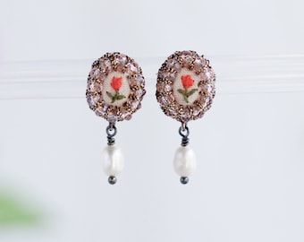 Floral Embroidery Pearl Drop Earrings / Beaded Oval Botanical Dangles / Romantic  Vintage Style Jewelry / Hypoallergenic Titanium Ear Posts