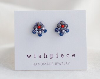Small Glass Bead Cluster Stud Earrings | Gray & Blue Boho Beaded Studs | Stainless Steel Ear Posts | Unique Casual Jewelry Gift | Wishpiece