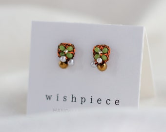 Small Bead Cluster Stud Earrings / Lime Green & Orange Bohemian Style Studs / Stainless Steel Ear Posts / Unique Colorful Handmade Jewelry