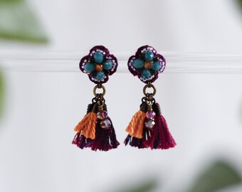 Beaded Post Tassel Earrings / Teal & Burgundy Bohemian Jewelry / Hypoallergenic Titanium Posts for Sensitive Ears / Ethnic Style Jewelry