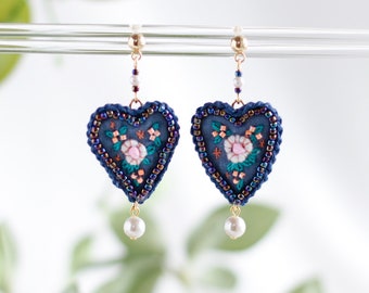 Flower Heart Earrings / Hand Embroidered & Beaded Statement Dangles / Faux Pearl Drops / Floral Jewelry / Gold-Tone Stainless Steel Ear Post