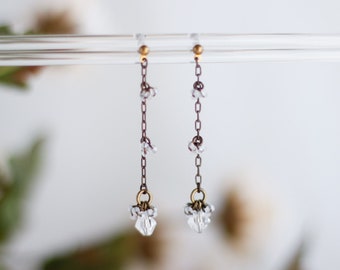Beads Cluster & Swarovski Crystal Long Drop Earrings | Vintage Style Jewelry | Antique Bronze Color Chain Dangles | Hypoallergenic Ear Posts