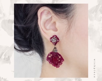 Burgundy Lace Earrings / Beaded Statement Dangles / Hypoallergenic Titanium Ear Posts / Dressy Style / Feminine Boho Chic Textile Jewelry