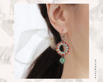 Pop of Red Beads Circle Hoop Earrings | Aventurine Gemstone Drop Dangles | Round Statement | Hypoallergenic Nickel-Free Titanium Ear Hooks