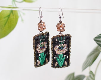 Romantic Boho Statement Earrings / Intricate Beadwork Dangle / Floral Rectangle Drop / Hypoallergenic Hooks / Vintage-Bohemian Style Jewelry