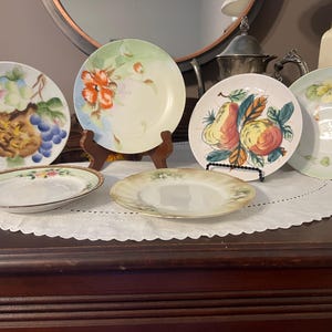 May include: A collection of six decorative plates with hand-painted fruit and floral designs. The plates feature a variety of colors, including green, blue, orange, and yellow. The plates are arranged on a dark wooden surface.