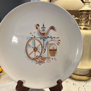 Vintage Taylor Smith Taylor Weather Vane Plate, Rustic Rooster Wagon Wheel Scene