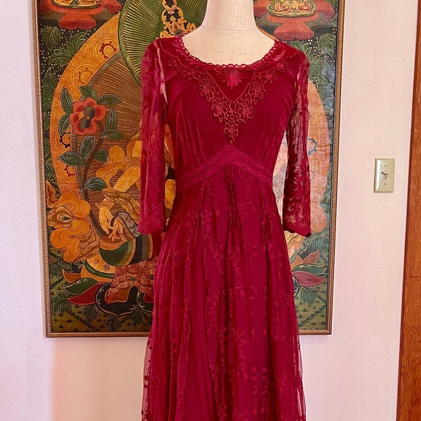 BURGUNDY LACE GOWN/ Romantic Layered Lace Embroidery Dress/ Gorgeous Deep Red Maxi Holiday Dress/ Fairy Tale Dress/ Gypsy Elegant Boho Gown