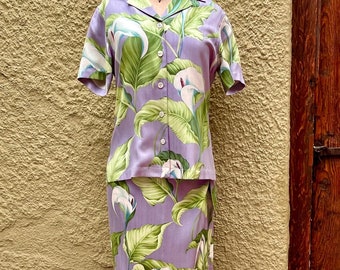 HAWAIIAN SILK DRESS/ Tommy Bahama Vintage Dress/ Vintage Hawaii 2 Piece Ensemble/ Calla Lily Skirt & Blouse/ Retro Resort Wear/ Bark Cloth