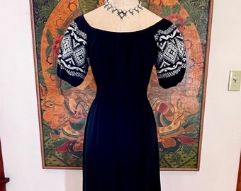70s GUATEMALAN HANDWOVEN DRESS/Maya Palace Mexican Embroidered Festival Dress/Gypsy Mayan Maxi Dress/Peasant Loomed Black Ethnic Folk Dress
