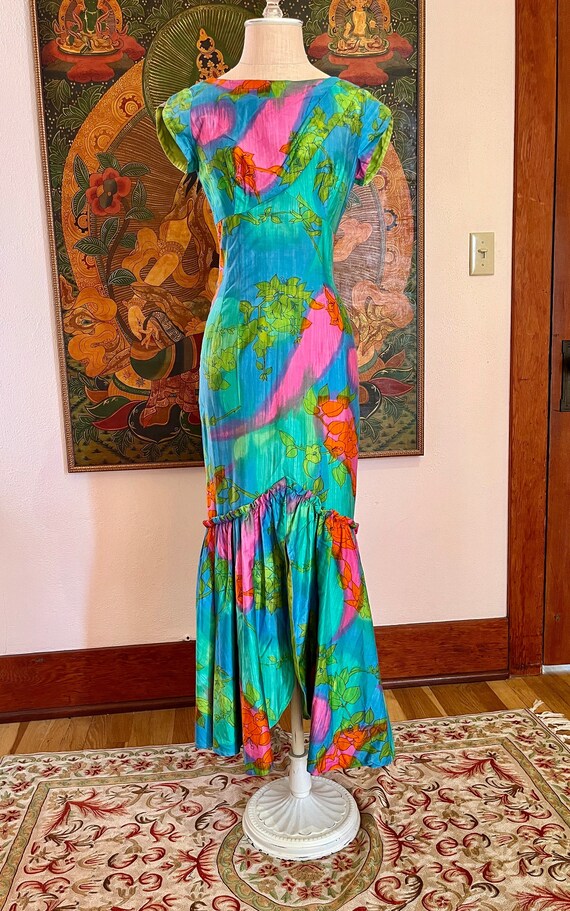 chinese dress ladies Vintage 1960's Blue Hawaiian Mermaid Gown by Paradise / ML  Xtabay Vintage
