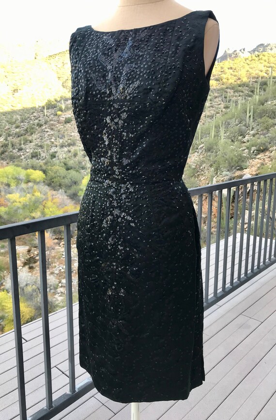 BLACK SILK SATIN 1960s Dress/ Hand Sequined Vintag