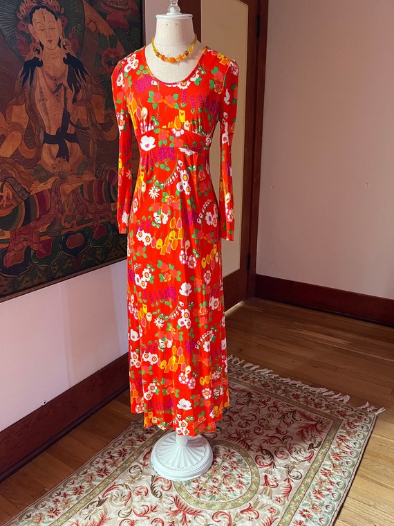empire waist dress juniors JUNIORS of SAN FRANCISCO Dress/ 70s Maxi Empire Waist Dress/ Psychedelic  Vibrant Print Dress/long Sleeve Vintage 70s Dress/floral Poly Dress